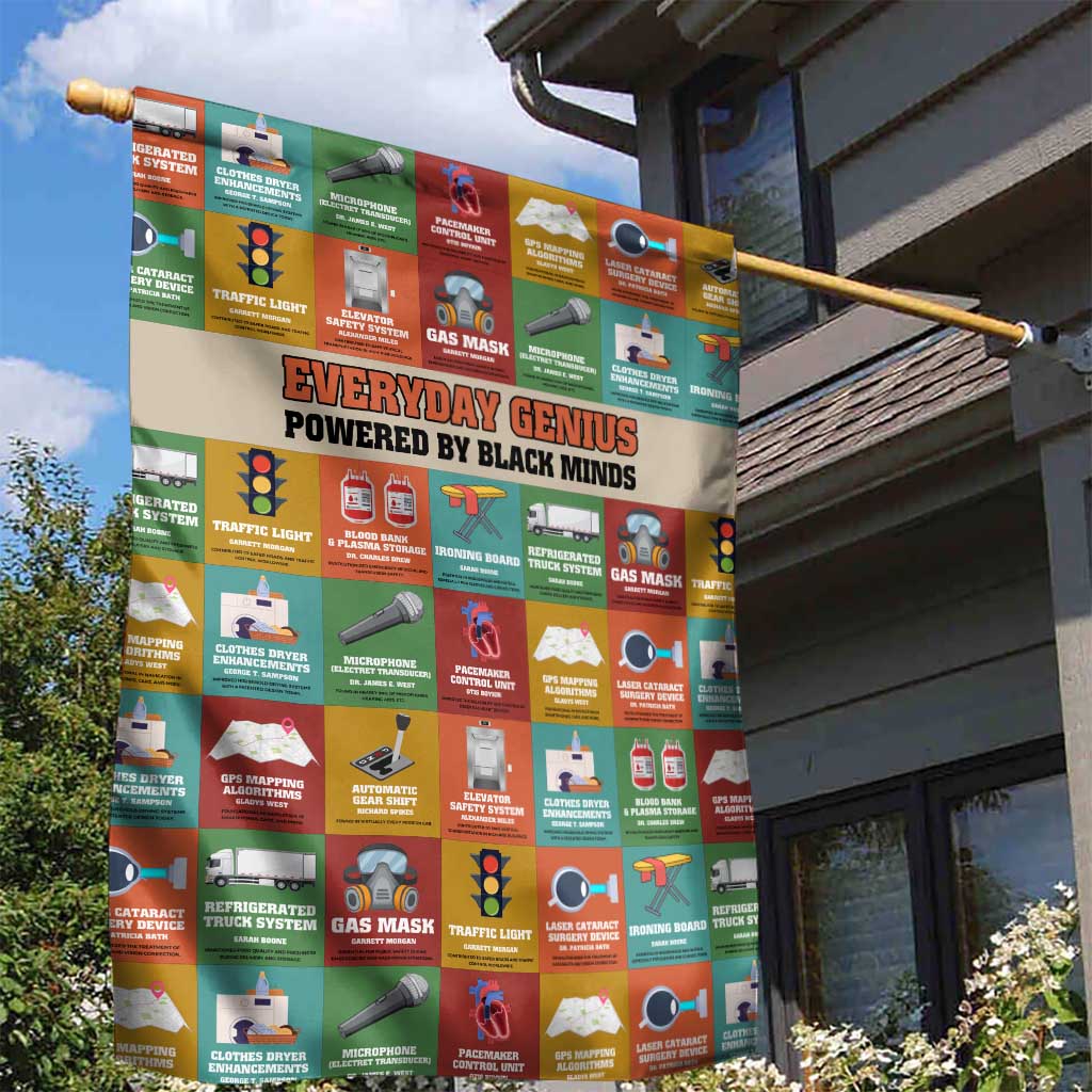 Everyday Genius Powered by Black Minds Garden Flag with Colorful Invention Icons Pattern - Wonder Print Shop