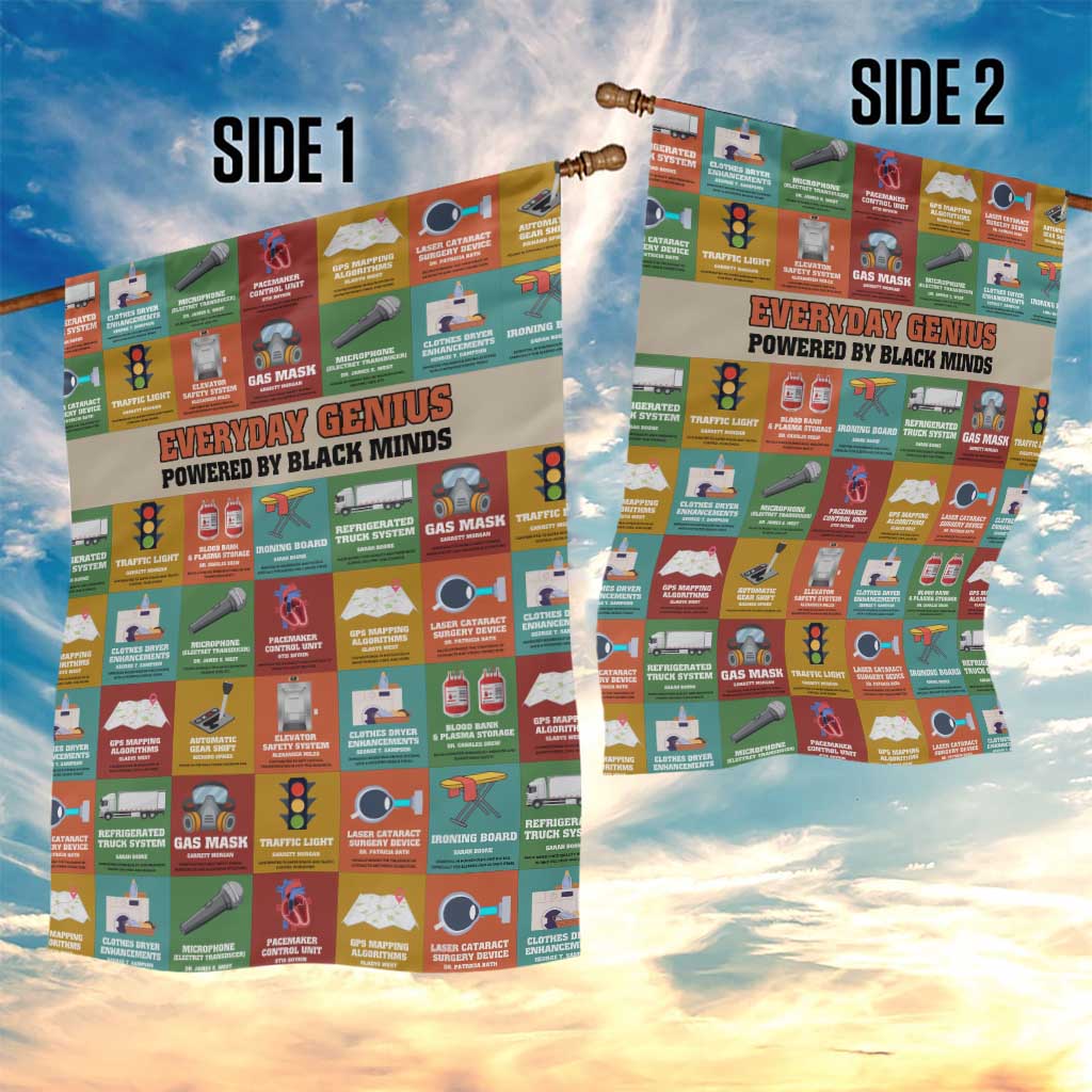 Everyday Genius Powered by Black Minds Garden Flag with Colorful Invention Icons Pattern - Wonder Print Shop