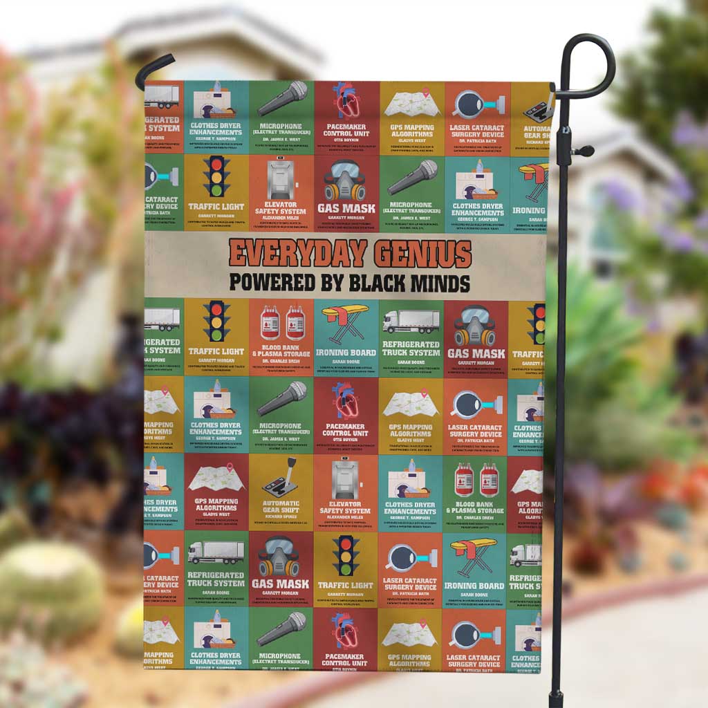 Everyday Genius Powered by Black Minds Garden Flag with Colorful Invention Icons Pattern - Wonder Print Shop
