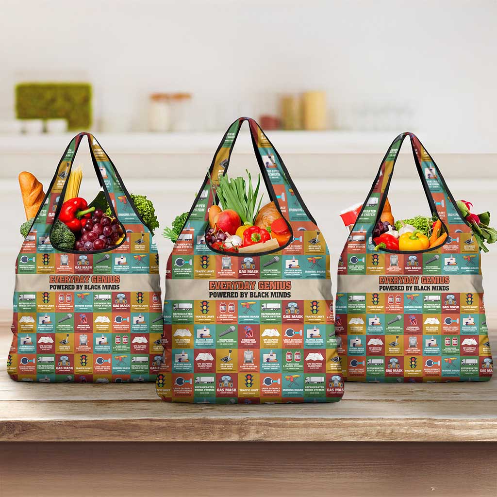 Everyday Genius Powered by Black Minds Grocery Bag with Colorful Invention Icons Pattern - Wonder Print Shop