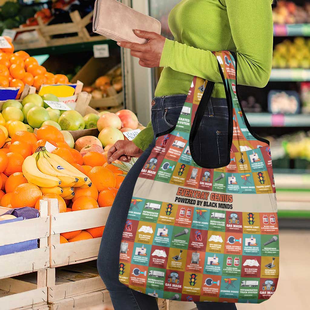 Everyday Genius Powered by Black Minds Grocery Bag with Colorful Invention Icons Pattern - Wonder Print Shop