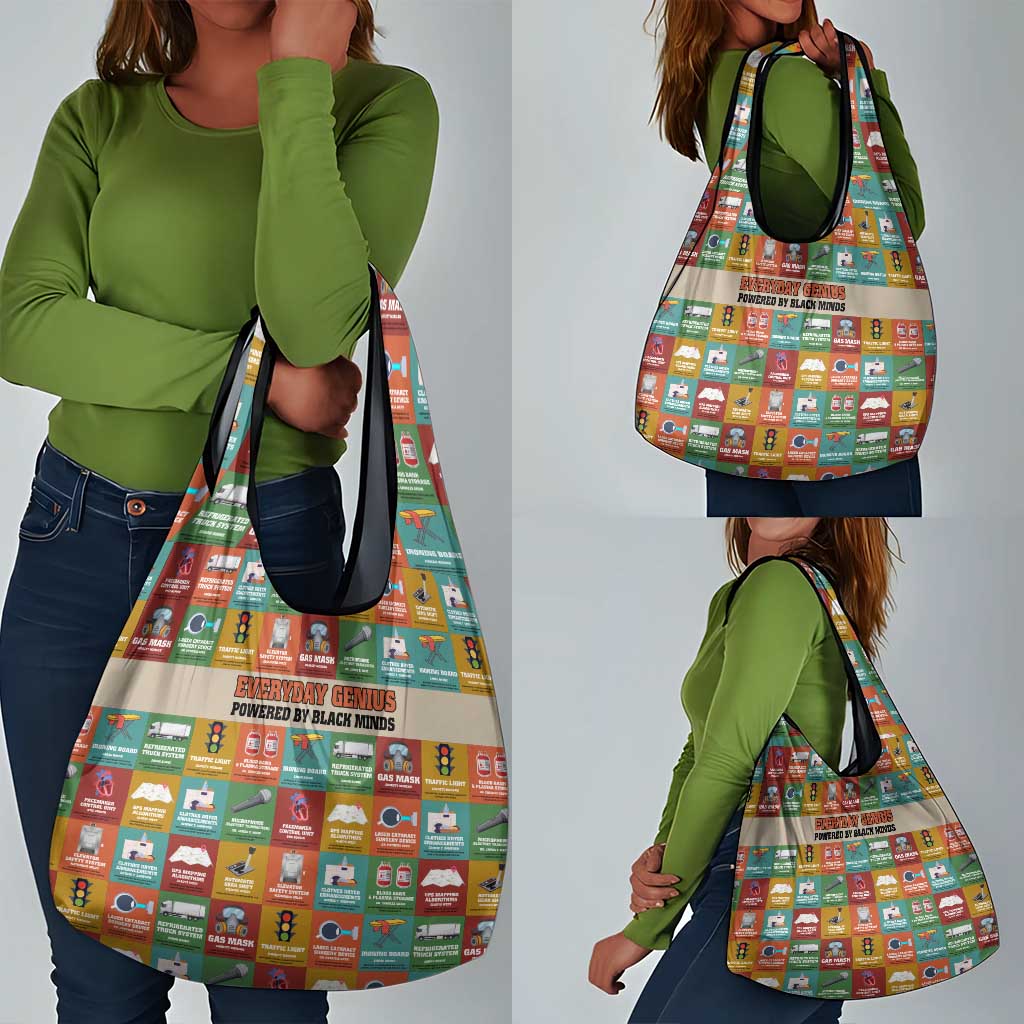 Everyday Genius Powered by Black Minds Grocery Bag with Colorful Invention Icons Pattern - Wonder Print Shop