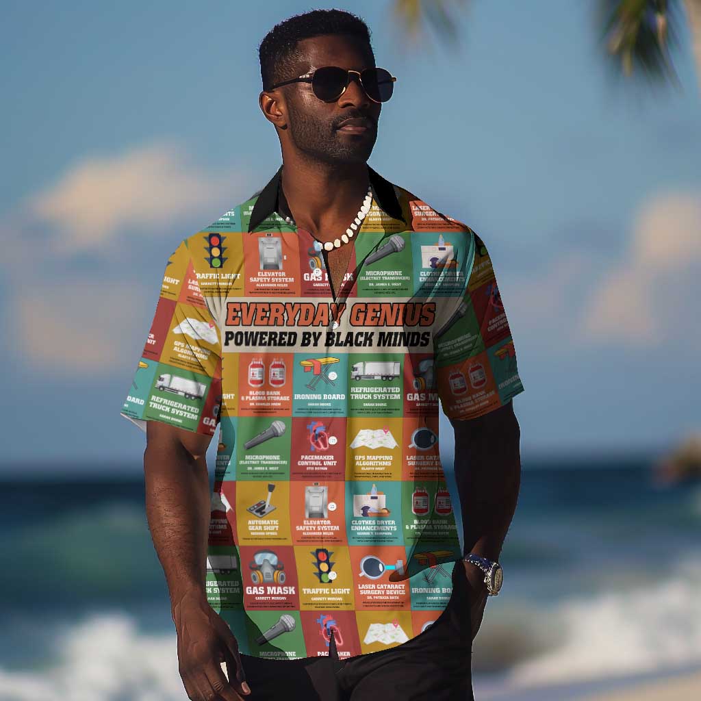 Everyday Genius Powered by Black Minds Hawaiian Shirt with Colorful Invention Icons Pattern - Wonder Print Shop