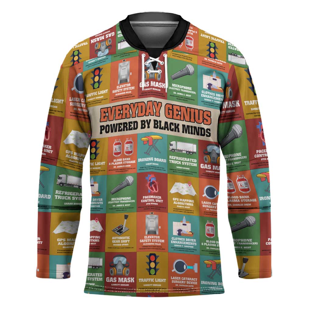 Everyday Genius Powered by Black Minds Hockey Jersey with Colorful Invention Icons Pattern - Wonder Print Shop