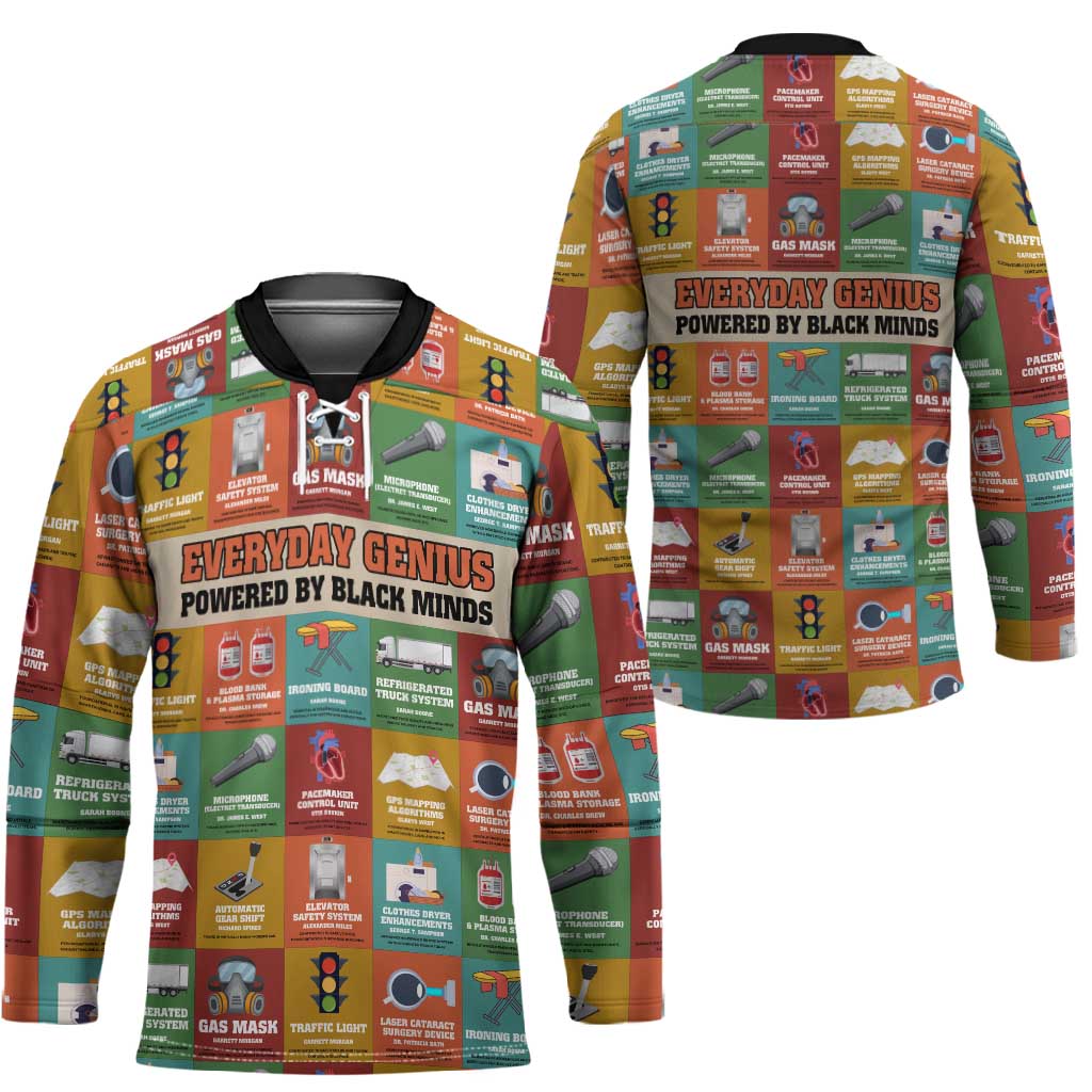 Everyday Genius Powered by Black Minds Hockey Jersey with Colorful Invention Icons Pattern - Wonder Print Shop