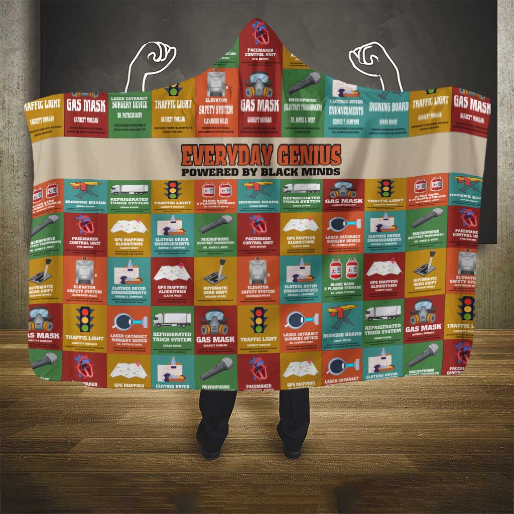 Everyday Genius Powered by Black Minds Hooded Blanket with Colorful Invention Icons Pattern - Wonder Print Shop