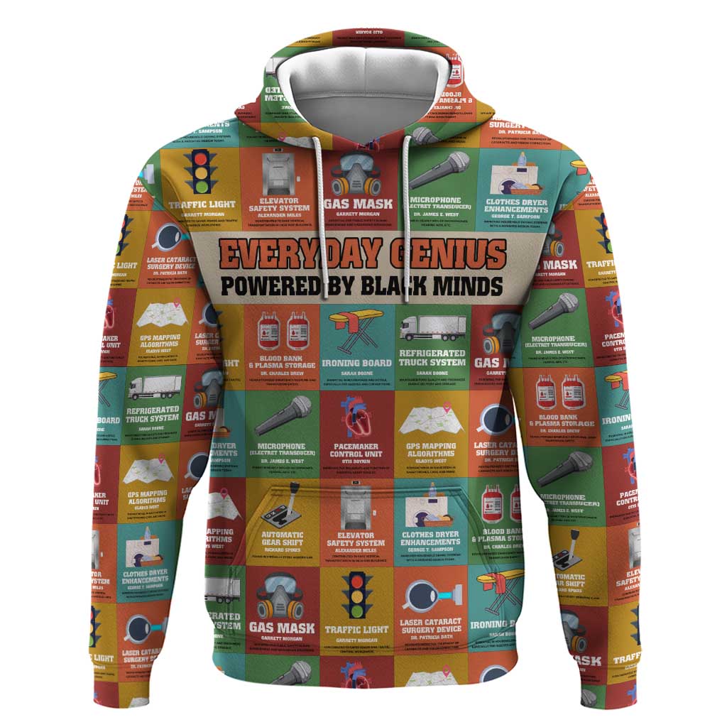 Everyday Genius Powered by Black Minds Hoodie with Colorful Invention Icons Pattern - Wonder Print Shop