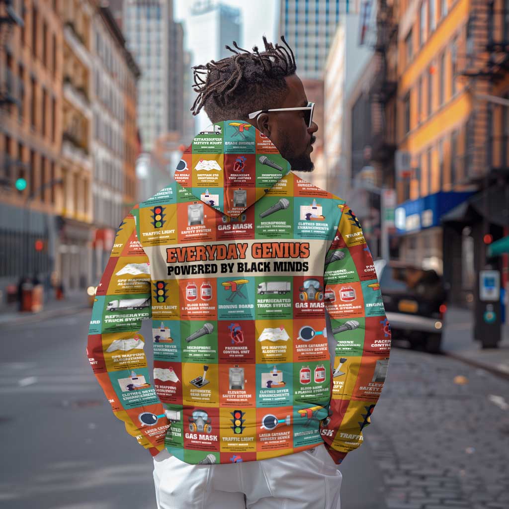 Everyday Genius Powered by Black Minds Hoodie with Colorful Invention Icons Pattern - Wonder Print Shop