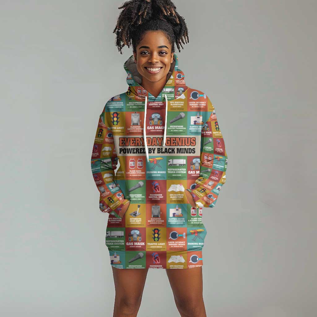 Everyday Genius Powered by Black Minds Hoodie Dress with Colorful Invention Icons Pattern - Wonder Print Shop