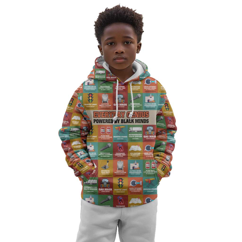 Everyday Genius Powered by Black Minds Kid Hoodie with Colorful Invention Icons Pattern - Wonder Print Shop