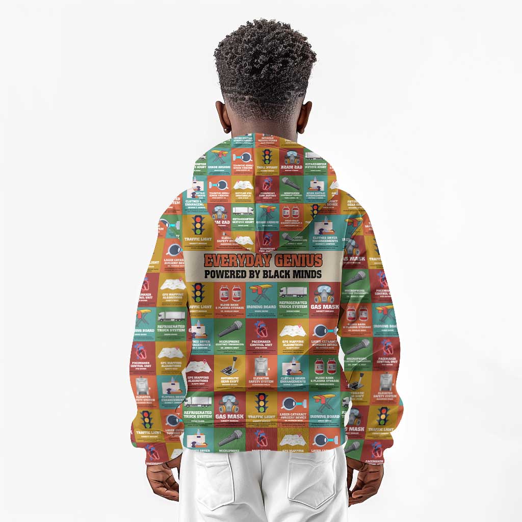 Everyday Genius Powered by Black Minds Kid Hoodie with Colorful Invention Icons Pattern - Wonder Print Shop