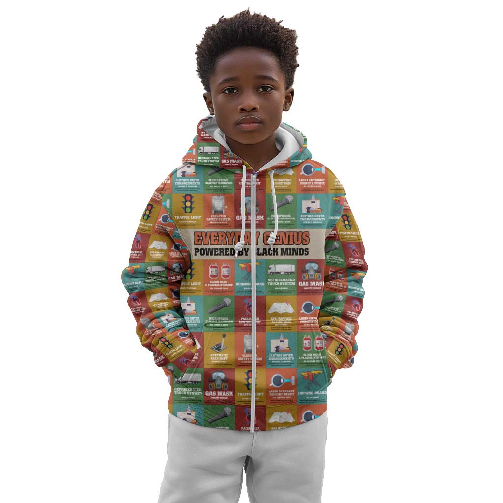 Everyday Genius Powered by Black Minds Kid Hoodie with Colorful Invention Icons Pattern - Wonder Print Shop