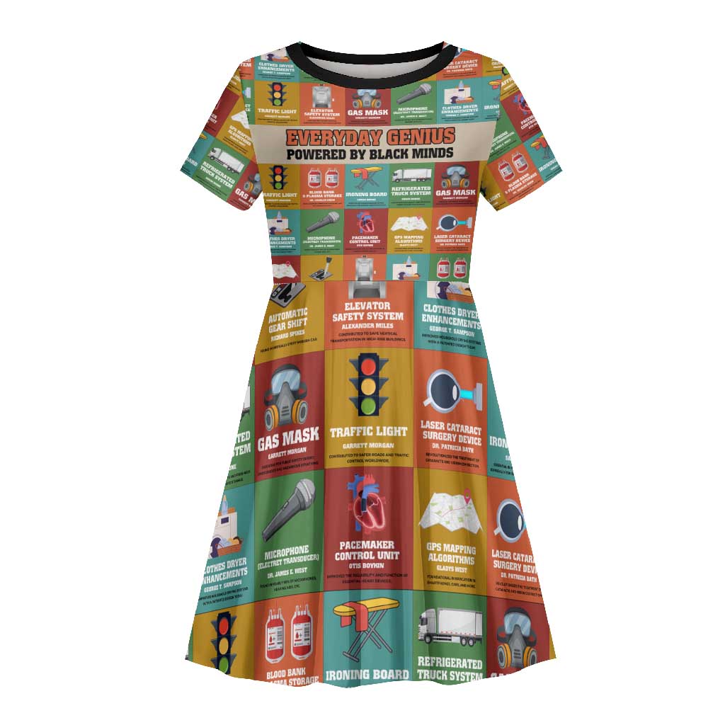 Everyday Genius Powered by Black Minds Kid Short Sleeve Dress with Colorful Invention Icons Pattern - Wonder Print Shop