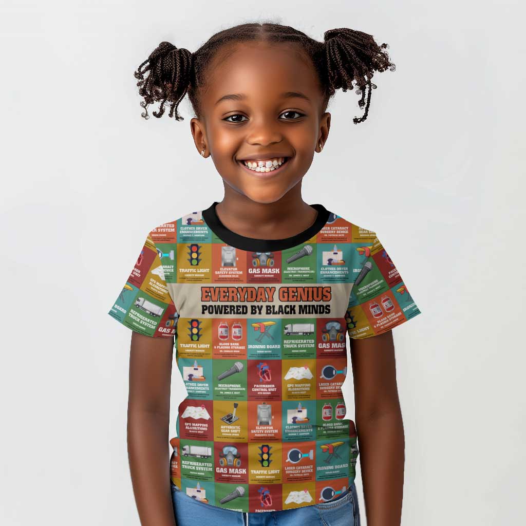 Everyday Genius Powered by Black Minds Kid T shirt with Colorful Invention Icons Pattern - Wonder Print Shop
