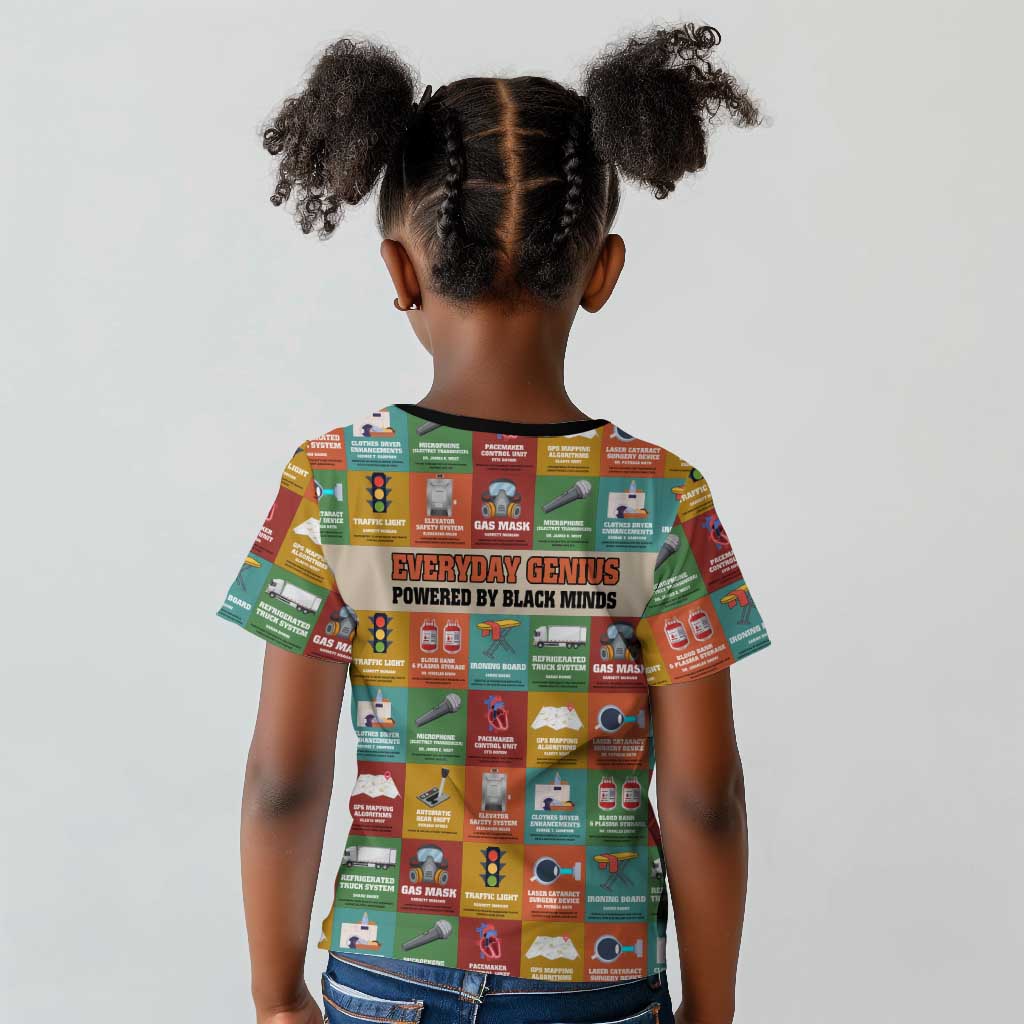 Everyday Genius Powered by Black Minds Kid T shirt with Colorful Invention Icons Pattern - Wonder Print Shop
