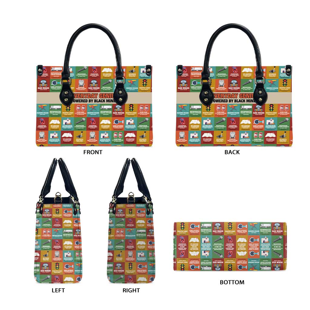 Everyday Genius Powered by Black Minds Leather Bag with Colorful Invention Icons Pattern - Wonder Print Shop