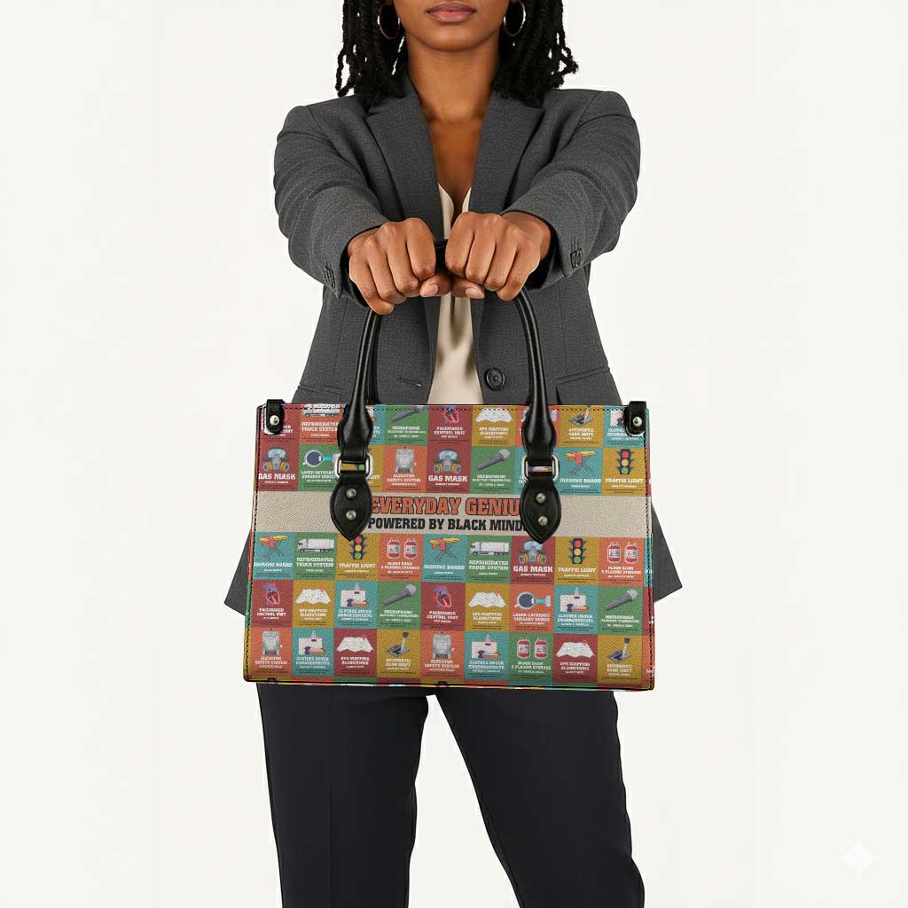 Everyday Genius Powered by Black Minds Leather Bag with Colorful Invention Icons Pattern - Wonder Print Shop