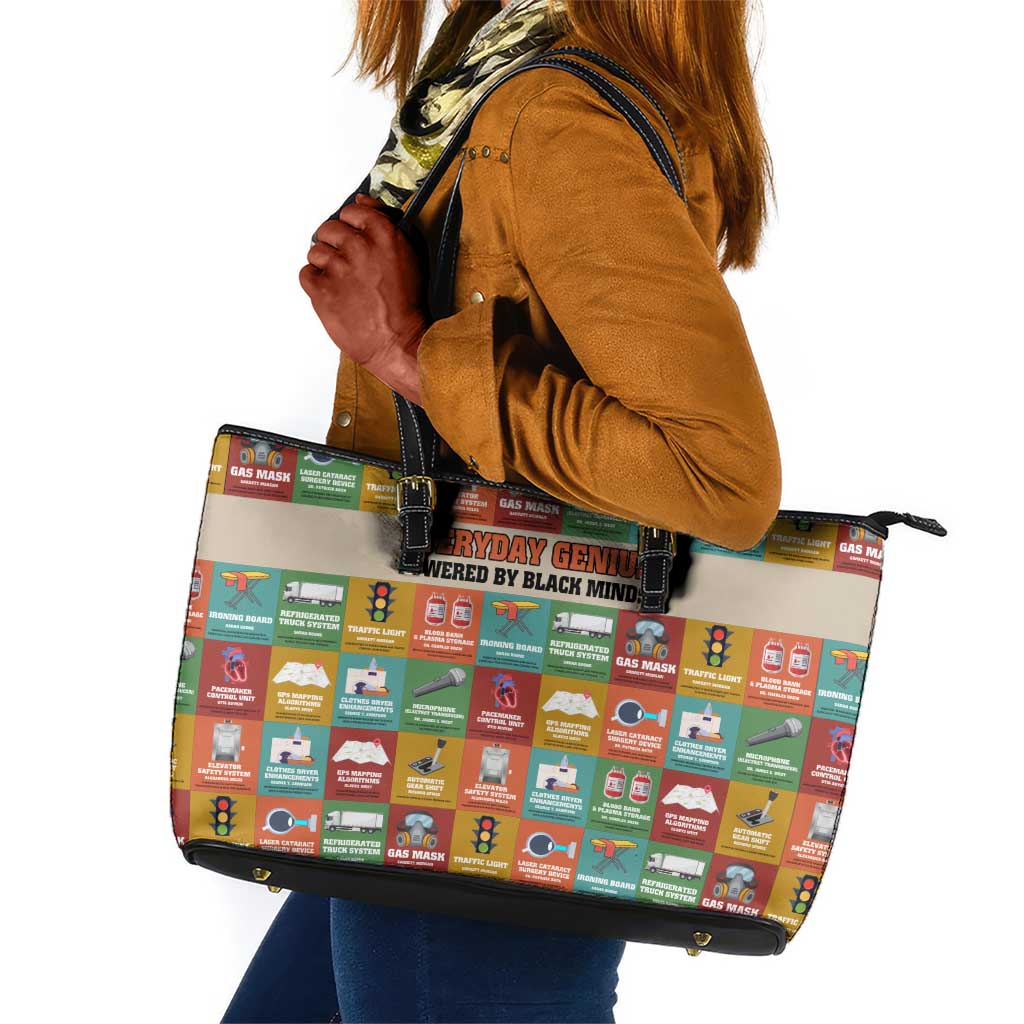 Everyday Genius Powered by Black Minds Leather Tote Bag with Colorful Invention Icons Pattern - Wonder Print Shop