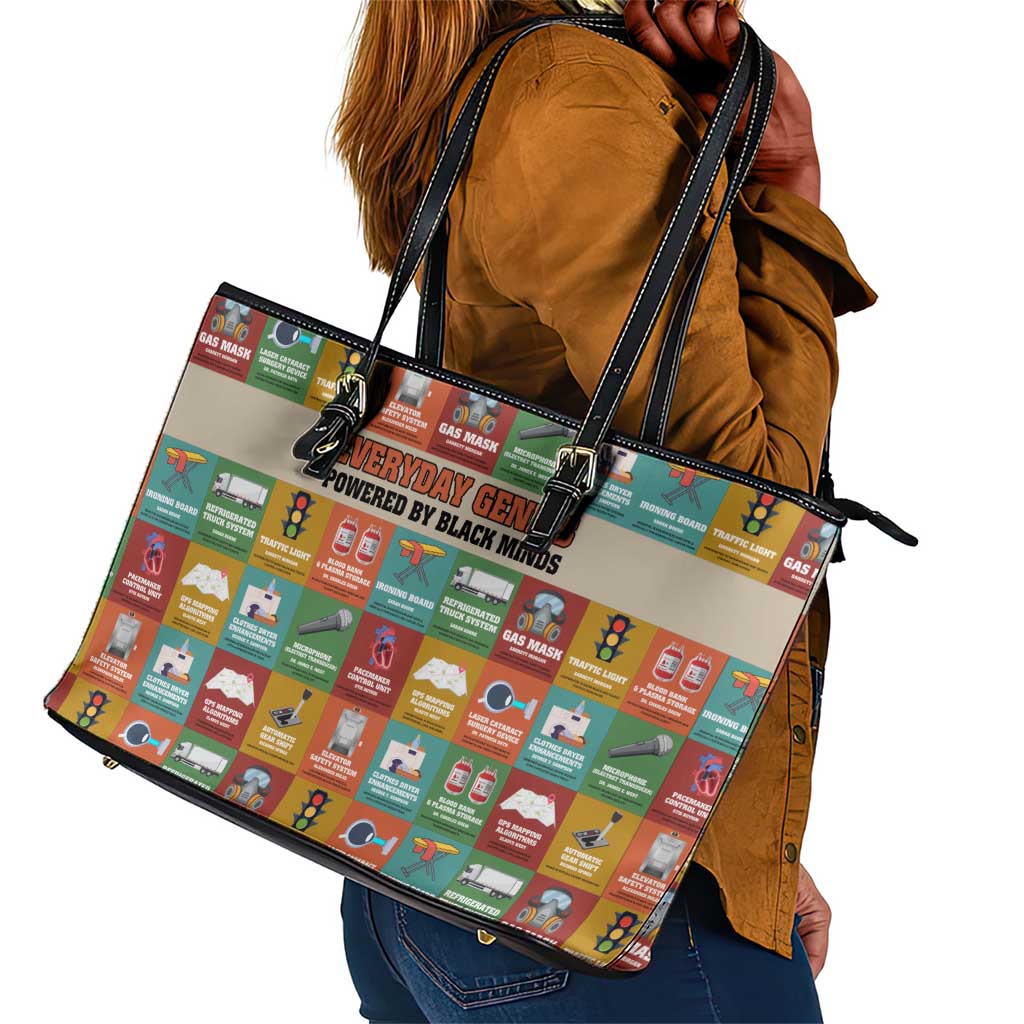Everyday Genius Powered by Black Minds Leather Tote Bag with Colorful Invention Icons Pattern - Wonder Print Shop