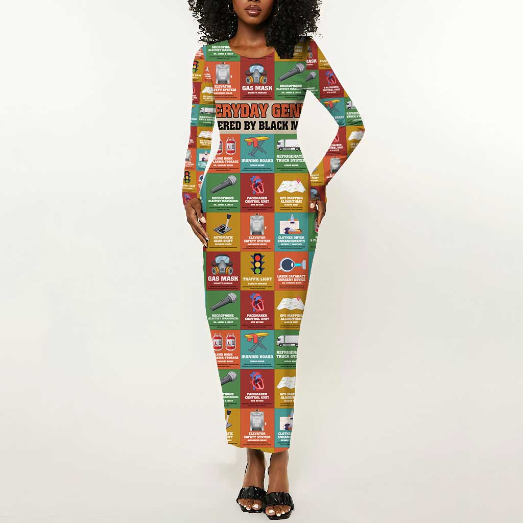Everyday Genius Powered by Black Minds Long Sleeve Bodycon Dress with Colorful Invention Icons Pattern - Wonder Print Shop