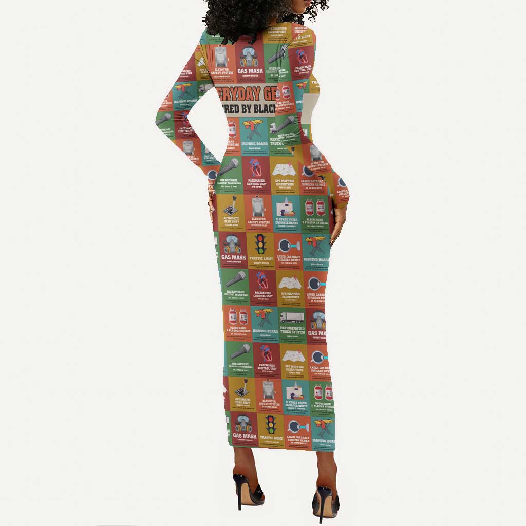 Everyday Genius Powered by Black Minds Long Sleeve Bodycon Dress with Colorful Invention Icons Pattern - Wonder Print Shop