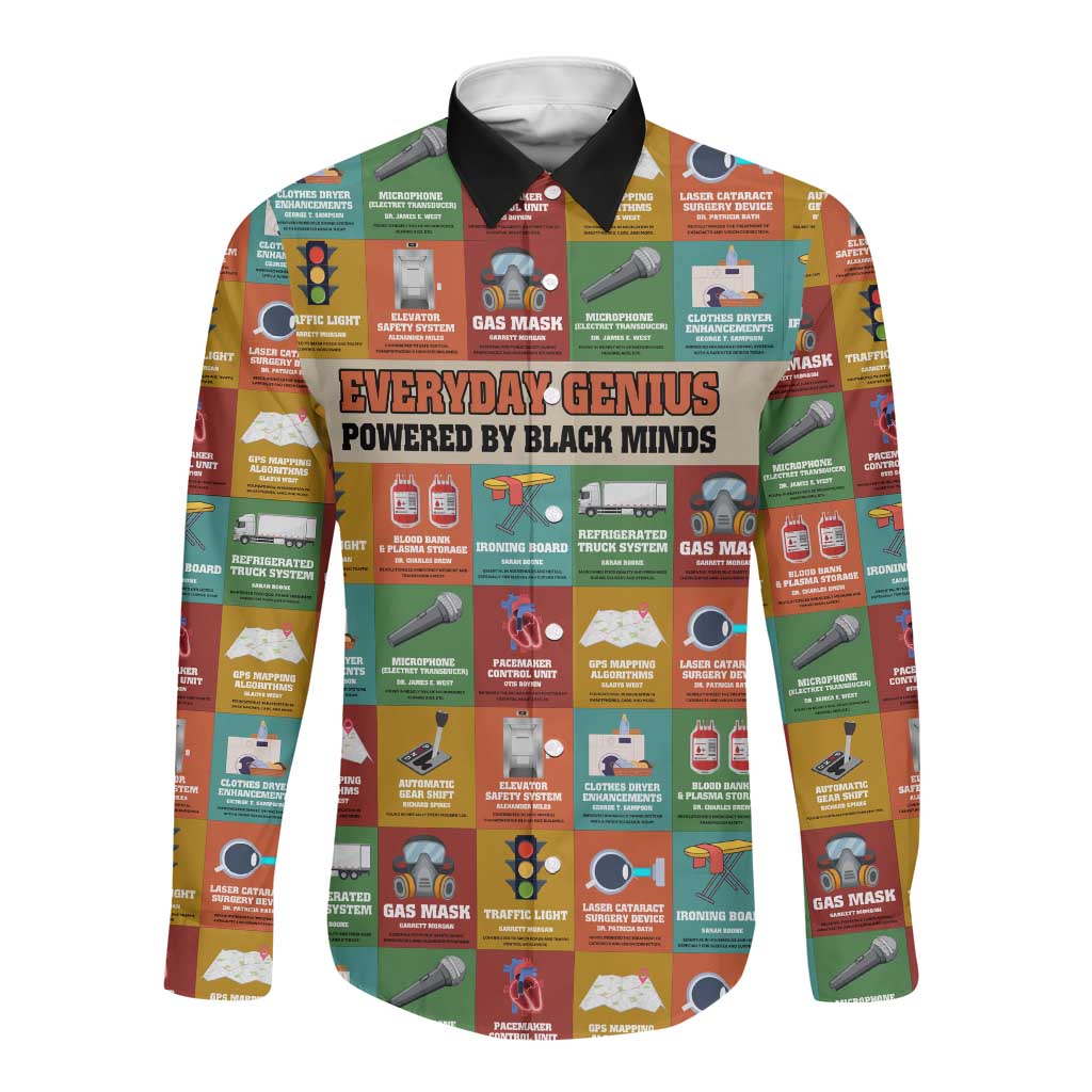 Everyday Genius Powered by Black Minds Long Sleeve Button Shirt with Colorful Invention Icons Pattern - Wonder Print Shop