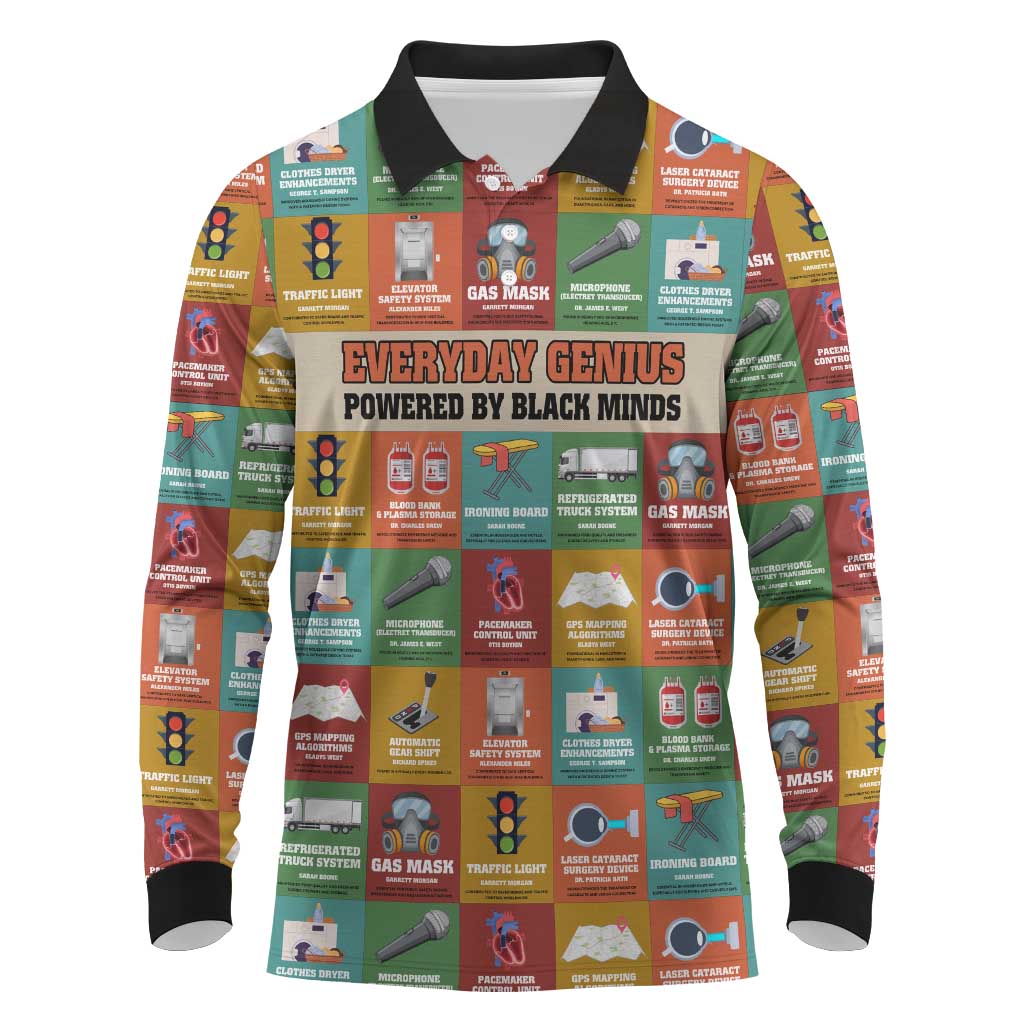 Everyday Genius Powered by Black Minds Long Sleeve Polo Shirt with Colorful Invention Icons Pattern - Wonder Print Shop