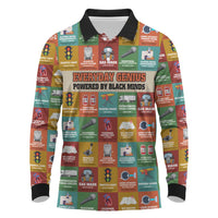 Everyday Genius Powered by Black Minds Long Sleeve Polo Shirt with Colorful Invention Icons Pattern - Wonder Print Shop