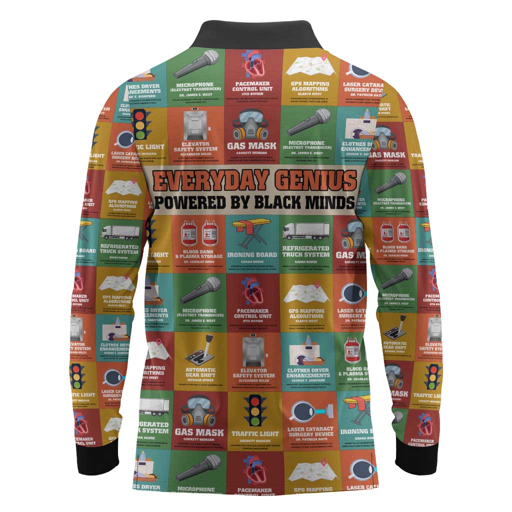 Everyday Genius Powered by Black Minds Long Sleeve Polo Shirt with Colorful Invention Icons Pattern - Wonder Print Shop