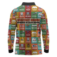 Everyday Genius Powered by Black Minds Long Sleeve Polo Shirt with Colorful Invention Icons Pattern - Wonder Print Shop