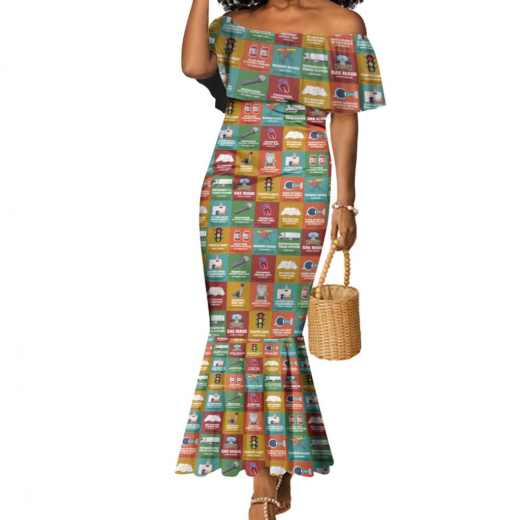 Everyday Genius Powered by Black Minds Mermaid Dress with Colorful Invention Icons Pattern - Wonder Print Shop