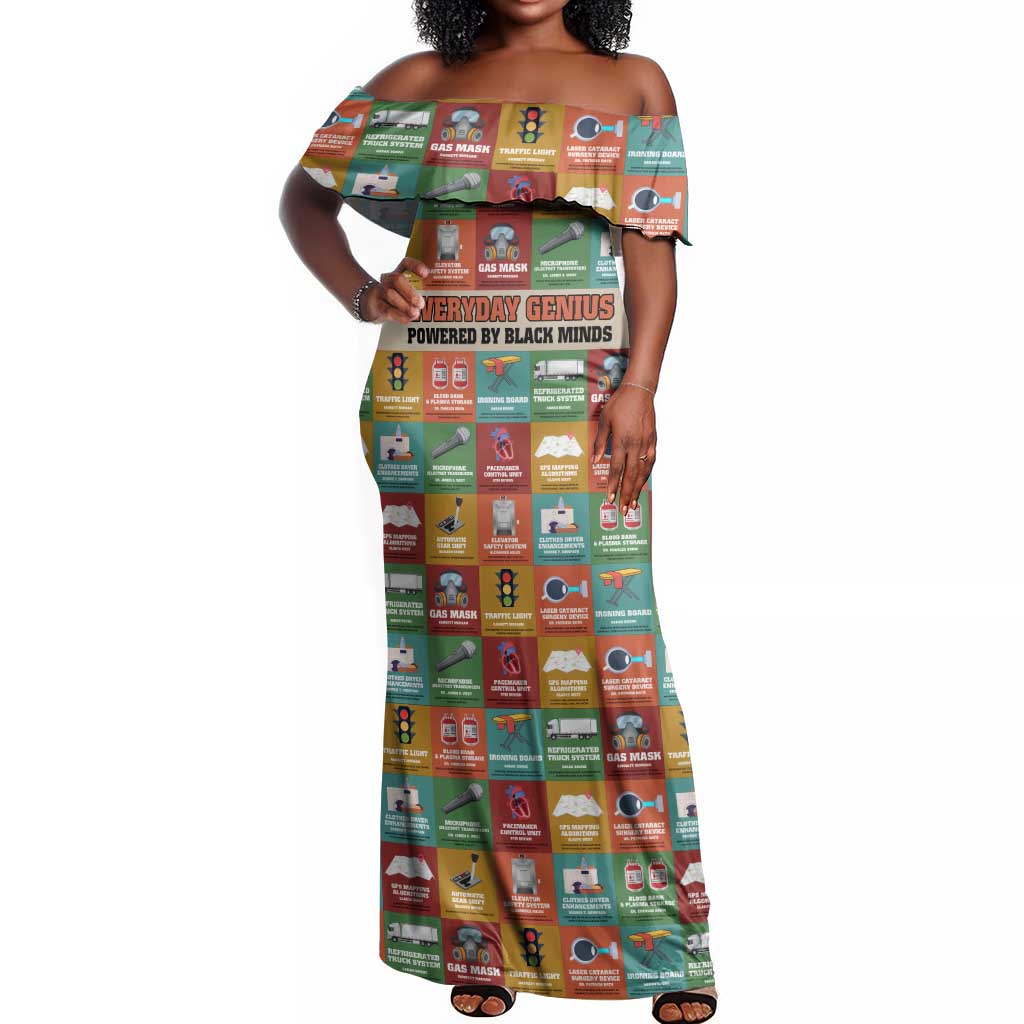 Everyday Genius Powered by Black Minds Off Shoulder Maxi Dress with Colorful Invention Icons Pattern - Wonder Print Shop