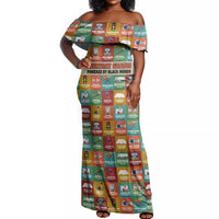 Everyday Genius Powered by Black Minds Off Shoulder Maxi Dress with Colorful Invention Icons Pattern - Wonder Print Shop