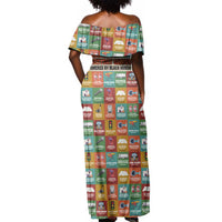 Everyday Genius Powered by Black Minds Off Shoulder Maxi Dress with Colorful Invention Icons Pattern - Wonder Print Shop