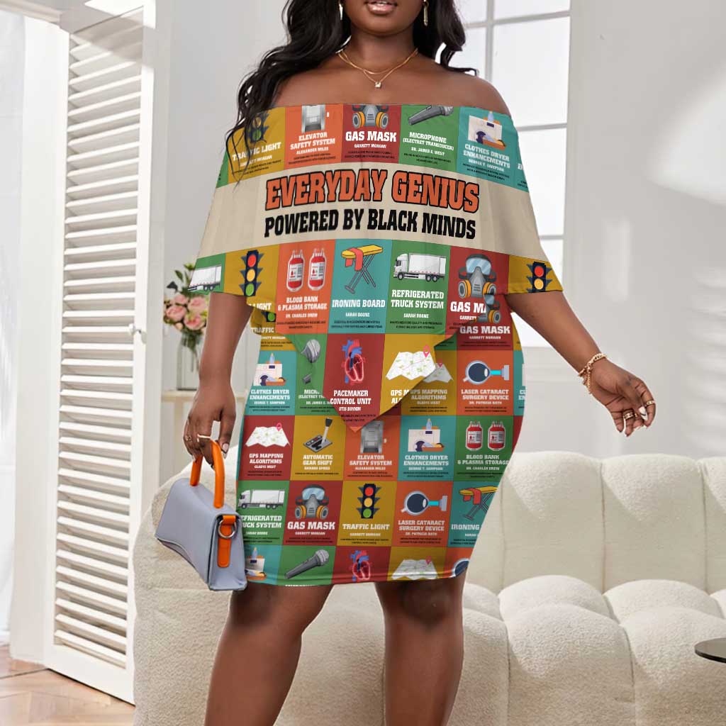 Everyday Genius Powered by Black Minds Off Shoulder Short Dress with Colorful Invention Icons Pattern - Wonder Print Shop