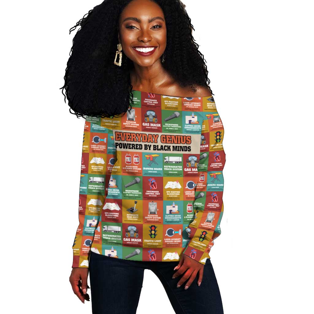 Everyday Genius Powered by Black Minds Off Shoulder Sweater with Colorful Invention Icons Pattern - Wonder Print Shop