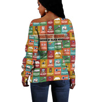 Everyday Genius Powered by Black Minds Off Shoulder Sweater with Colorful Invention Icons Pattern - Wonder Print Shop