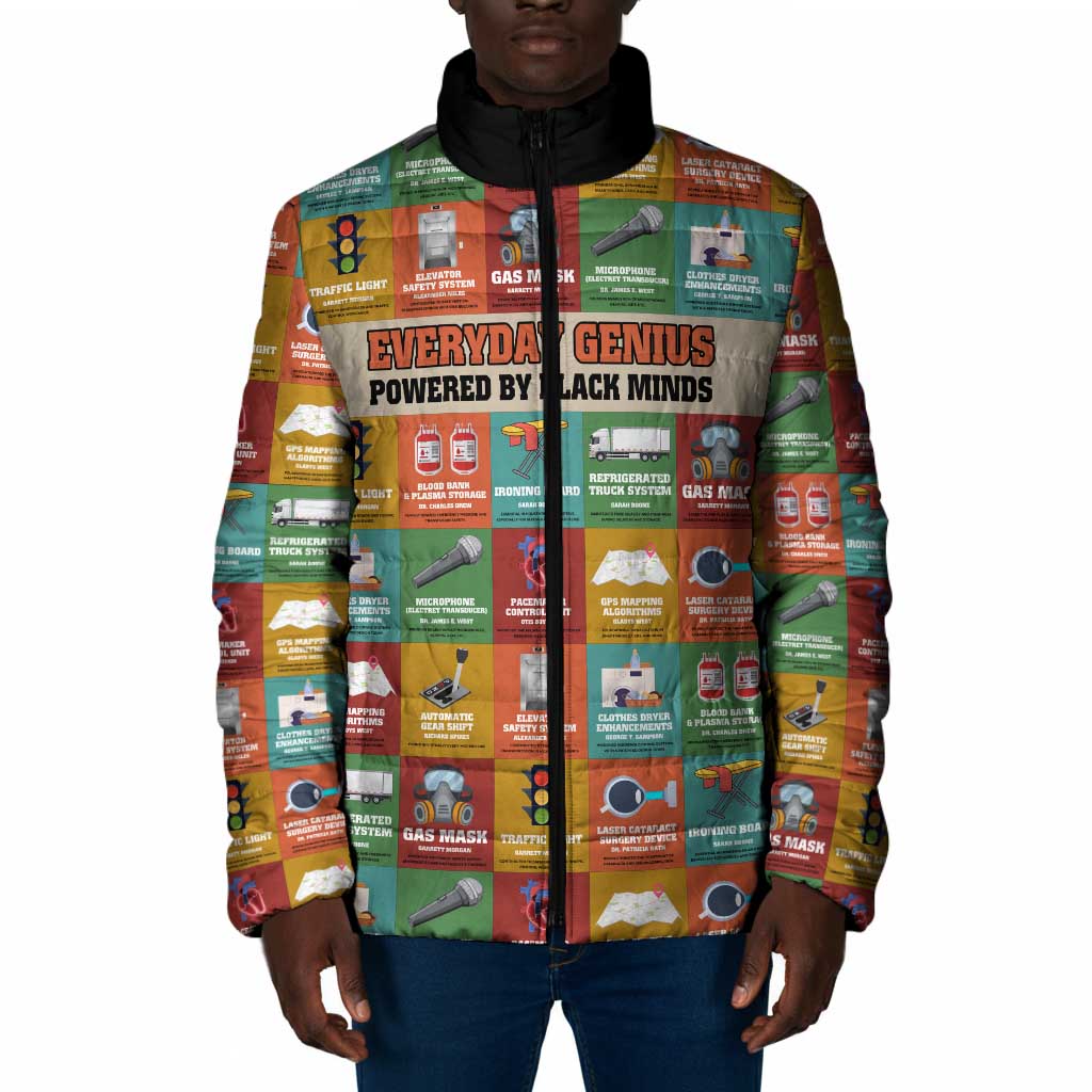 Everyday Genius Powered by Black Minds Padded Jacket with Colorful Invention Icons Pattern - Wonder Print Shop