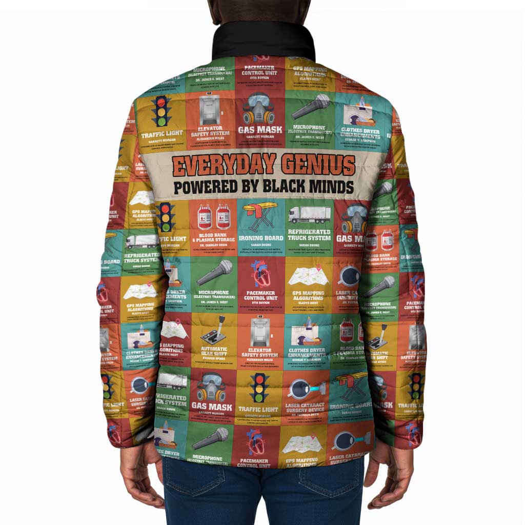 Everyday Genius Powered by Black Minds Padded Jacket with Colorful Invention Icons Pattern - Wonder Print Shop