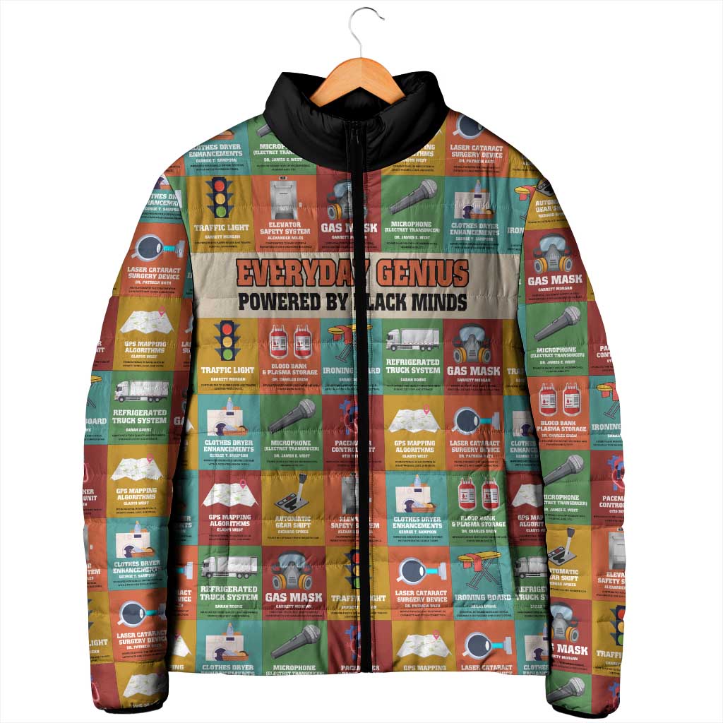Everyday Genius Powered by Black Minds Padded Jacket with Colorful Invention Icons Pattern - Wonder Print Shop