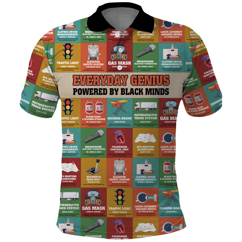 Everyday Genius Powered by Black Minds Polo Shirt with Colorful Invention Icons Pattern - Wonder Print Shop