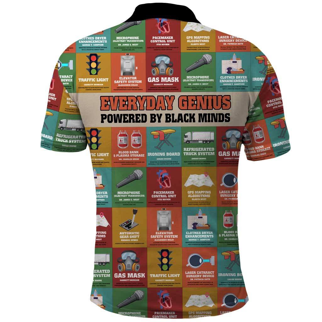 Everyday Genius Powered by Black Minds Polo Shirt with Colorful Invention Icons Pattern - Wonder Print Shop