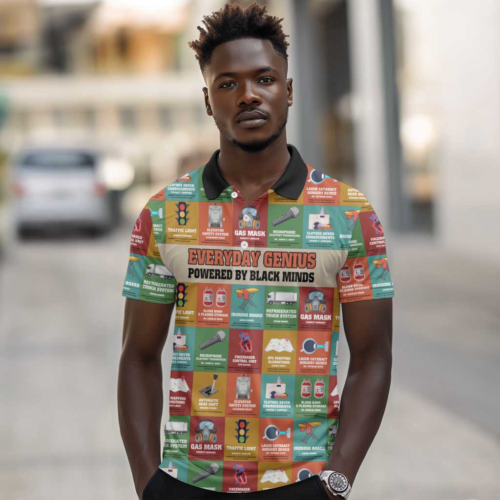 Everyday Genius Powered by Black Minds Polo Shirt with Colorful Invention Icons Pattern - Wonder Print Shop