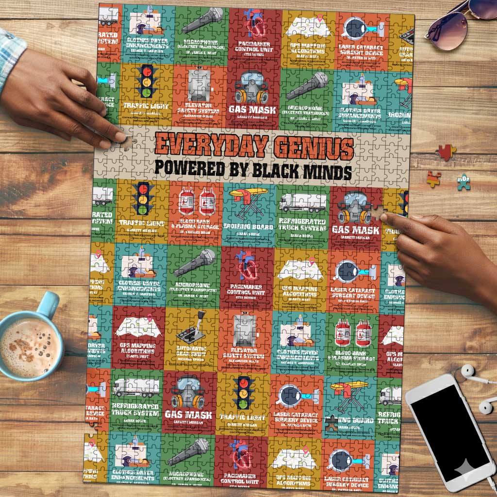 Everyday Genius Powered by Black Minds Puzzle with Colorful Invention Icons Pattern - Wonder Print Shop