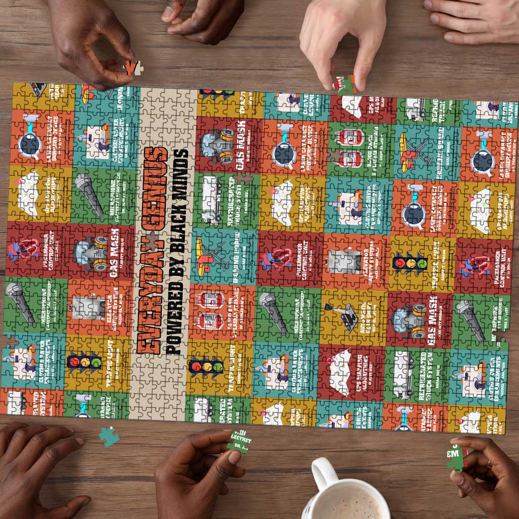 Everyday Genius Powered by Black Minds Puzzle with Colorful Invention Icons Pattern - Wonder Print Shop