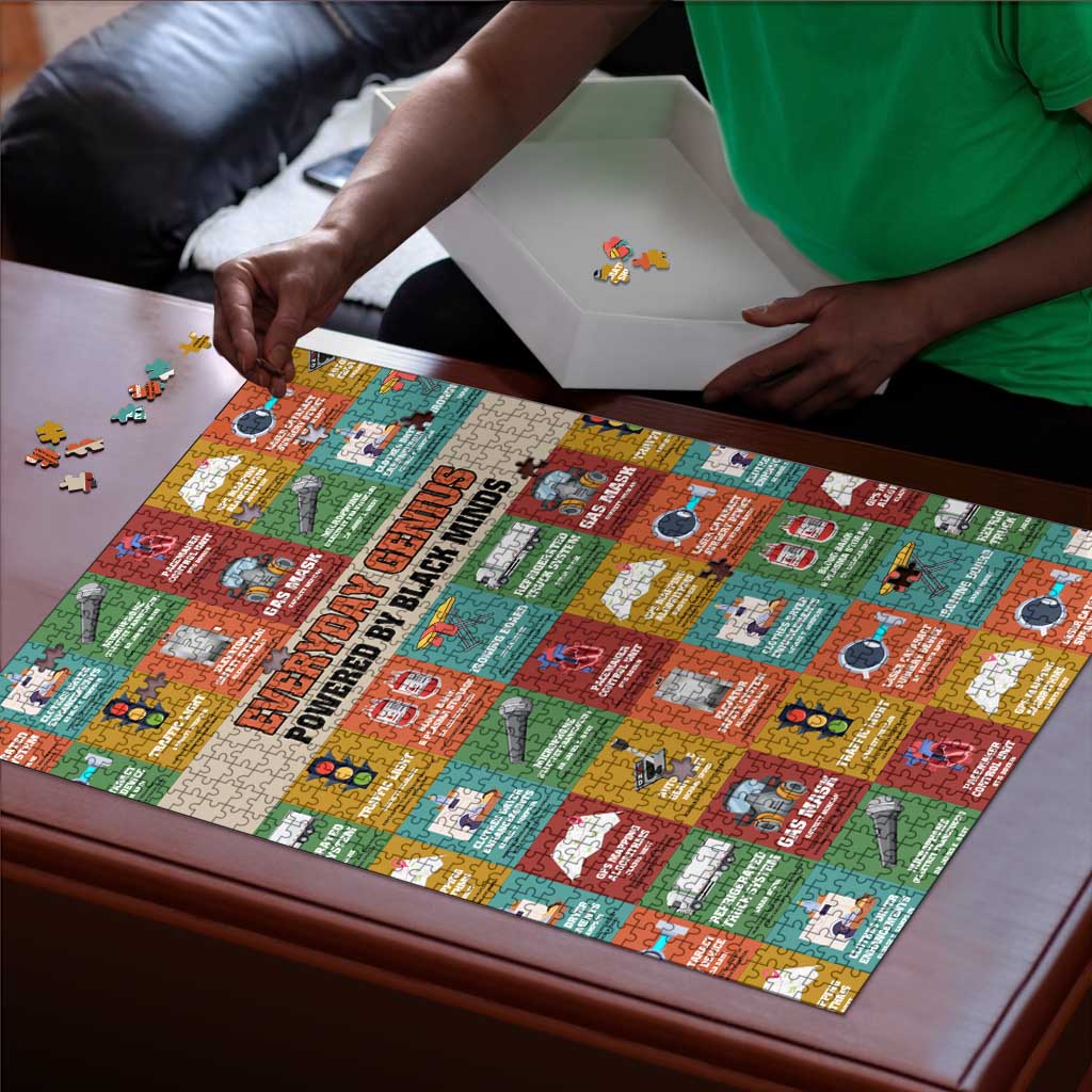 Everyday Genius Powered by Black Minds Puzzle with Colorful Invention Icons Pattern - Wonder Print Shop