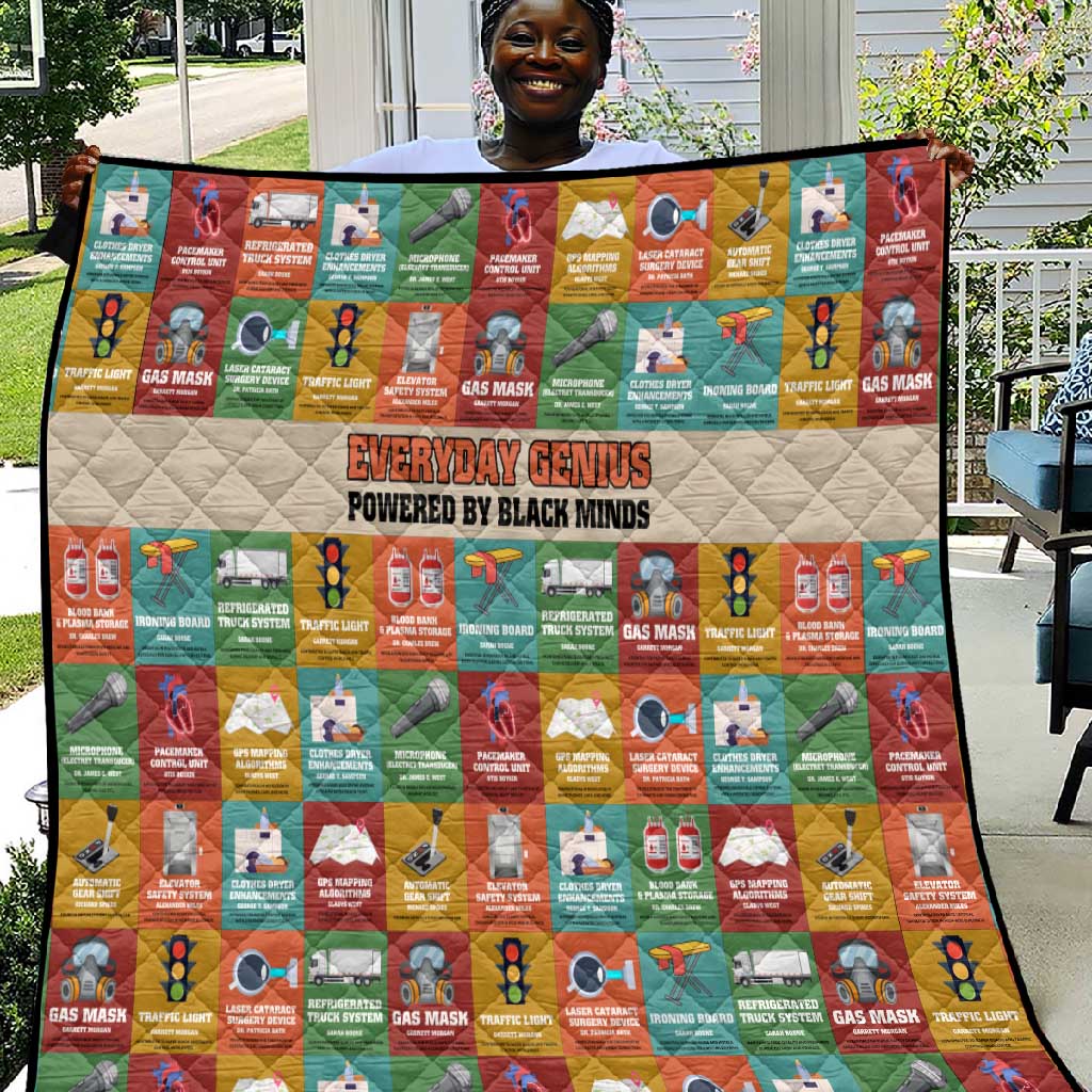 Everyday Genius Powered by Black Minds Quilt with Colorful Invention Icons Pattern - Wonder Print Shop