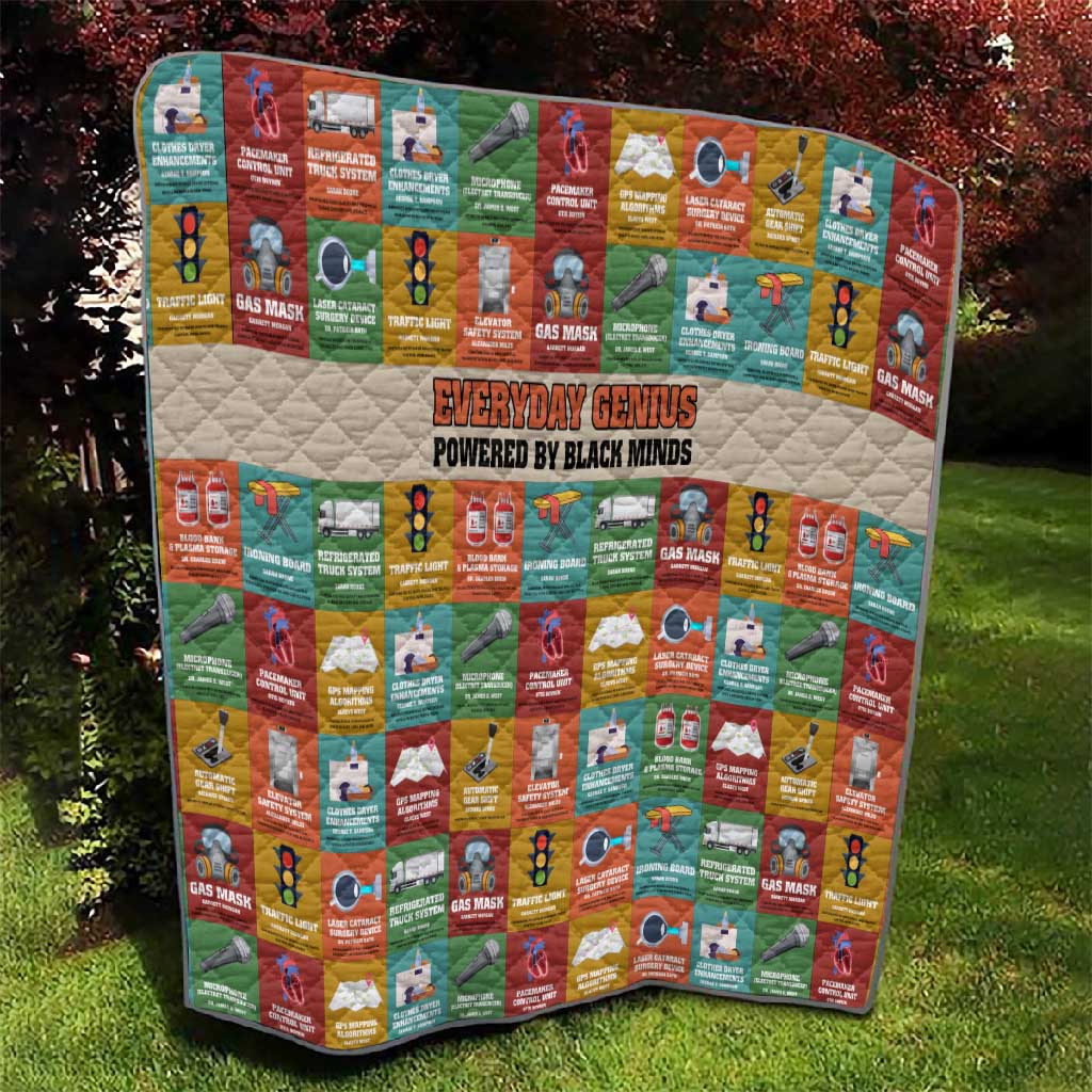 Everyday Genius Powered by Black Minds Quilt with Colorful Invention Icons Pattern - Wonder Print Shop