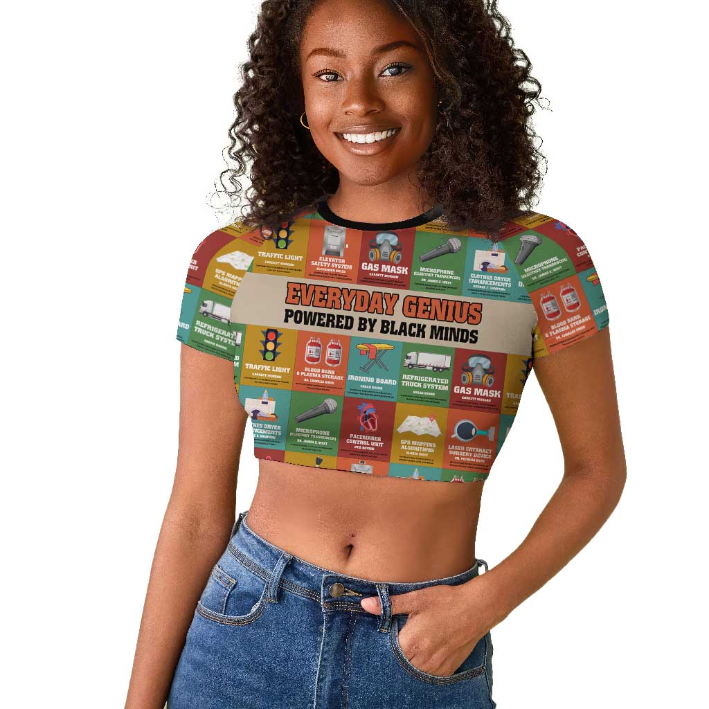Everyday Genius Powered by Black Minds Raglan Cropped T shirt with Colorful Invention Icons Pattern - Wonder Print Shop
