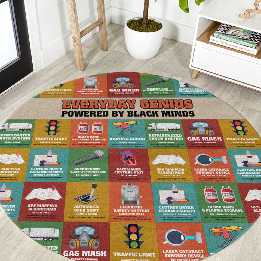 Everyday Genius Powered by Black Minds Round Carpet with Colorful Invention Icons Pattern - Wonder Print Shop